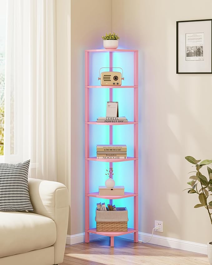 TUTOTAK Corner Shelf with LED Light, 6-Tier Corner Bookshelf | for Small Space, Narrow Display Corner Shelf Stand with Storage Rack, for Living Room, Bedroom, Pink BS08BP006L