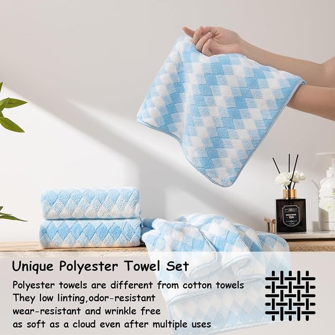 12 Pcs Blue White Diamond Towel Set-4 Bath Towels,4 Hand Towels,4 Washcloths Soft Polyester Towels with Loop Absorbent Shower Towel Quick Dry Beach Chair Towel Family Towels for Bathroom Spa Gym Pool