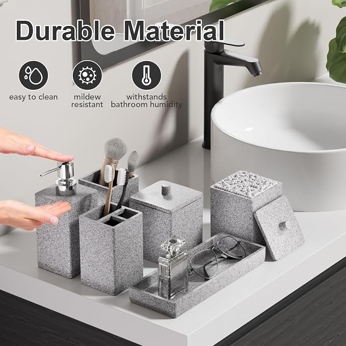 Gray Bathroom Accessories Set Resin 6PCS, Square Toothbrush Holders Set Complete with Soap Dispenser, Vanity Tray, Tumbler, Cups and Cotton Swab Jars for Counter, Sink or Small Spaces