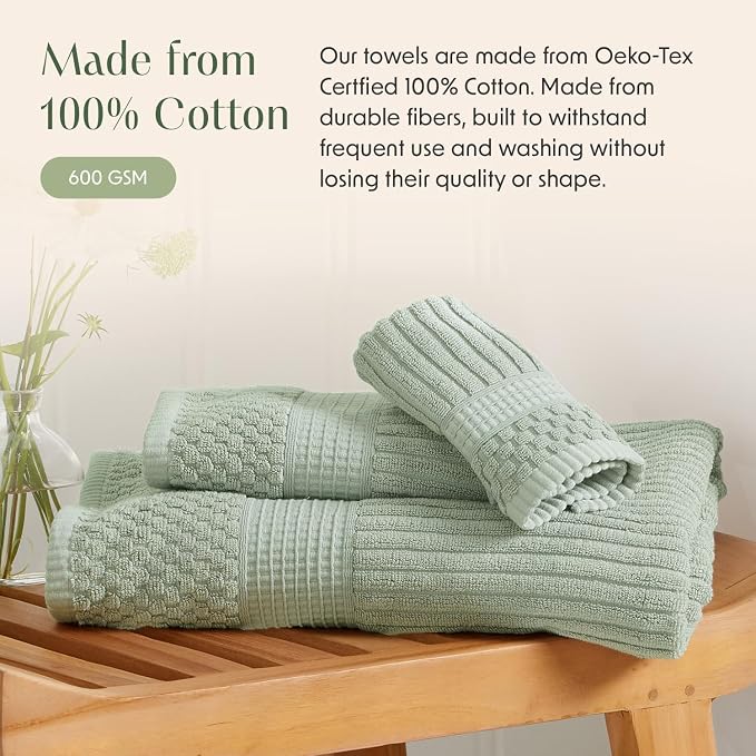 100% Cotton Bath Towel Set | 6-Piece Set | Eucalyptus | Absorbent & Quick-Dry Bathroom Towels | Textured and Durable Cotton Towels for Bathroom | OEKO-TEX | Krista Collection