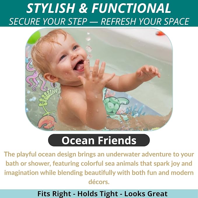 ENKOSI Bath Mat - Large Non Slip Bathtub & Shower Mat - Extra Long 40 x 16 Inch Bathroom Mats for Tub Nonslip Anti Slip Bathmats (Ocean Friends), 1 Pack | Fun ocean animals print for kids; Durable PVC; 40x16 in, Ocean Friends