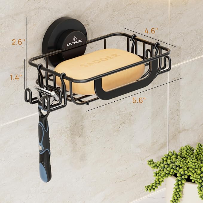 Bar Soap Holder with Hooks, Suction Cup Soap Dish Stainless Steel | Soap Holder Shower Wall Mounted, Soap and Razor Holder for Shower, Rustproof for Bathroom, Sponge Holder Saver, Black