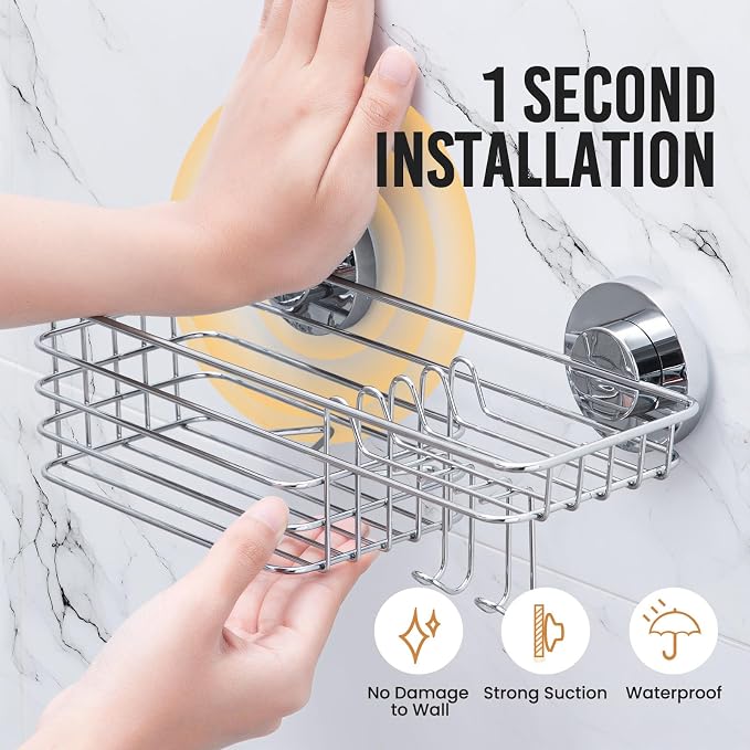 Shower Caddy Suction Cup, 2 Pack Heavy Duty Bathroom Organizer | Shower Caddy with Hooks & Soap holder, Removable Shower Storage, Rustproof Silver bathroom Holder
