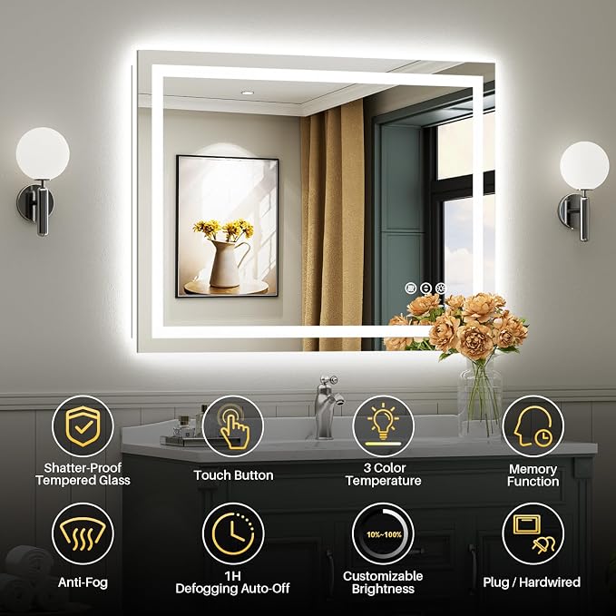 48x32 Inch LED Bathroom Mirror with Lights, Backlit & Front Lit | Anti-fog, 3 Color Dimmable, Memory Function, HD Reflection Tempered Glass, ETL Listed, IP54 Waterproof