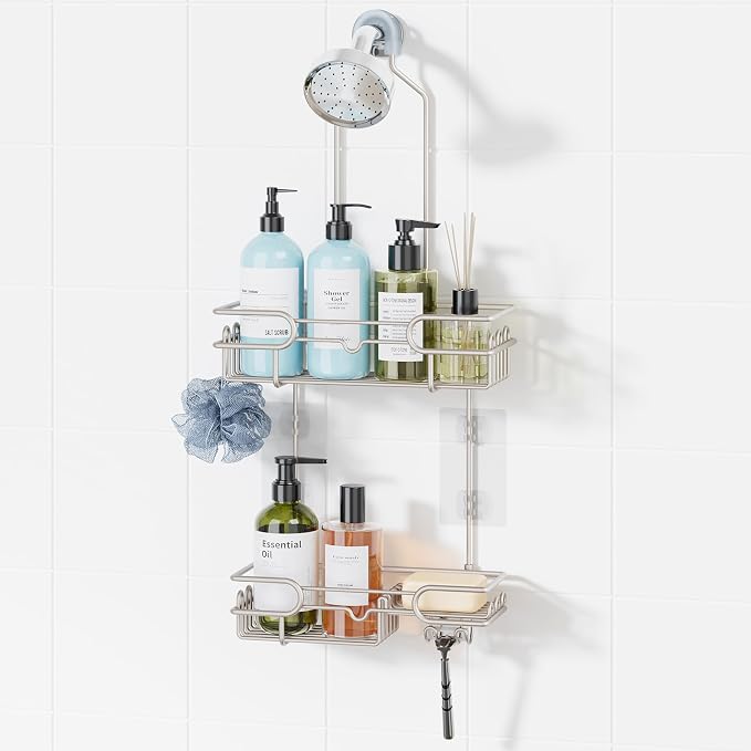HapiRm Hanging Shower Caddy Organizer - Bathroom Organizer with 12 Hooks and Soap Holder, Rustproof Shower Shelf over Shower Head - Brushed Nickel