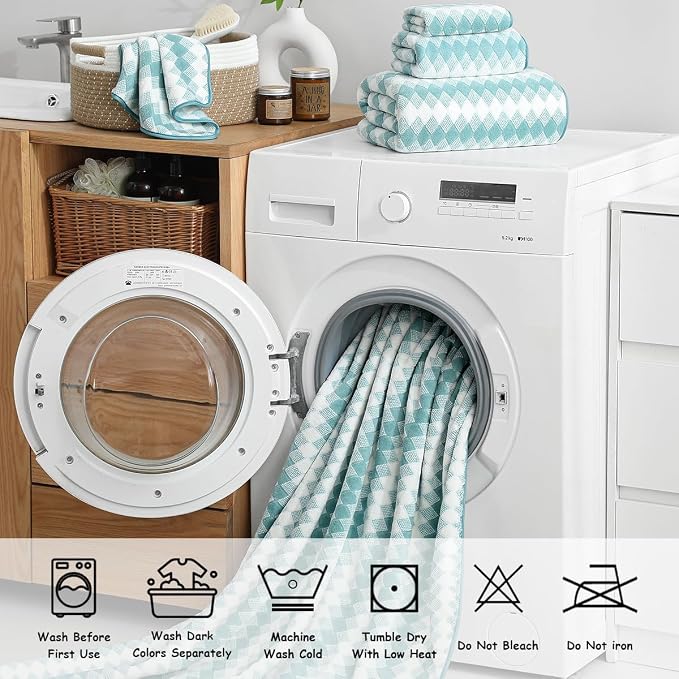 12 Pcs Turquoise Diamond Towel Set-4 Bath Towels,4 Hand Towels,4 Washcloths Soft Polyester Towels with Loop Absorbent Shower Towel Quick Dry Beach Chair Towel Family Towels for Bathroom Spa Gym Pool
