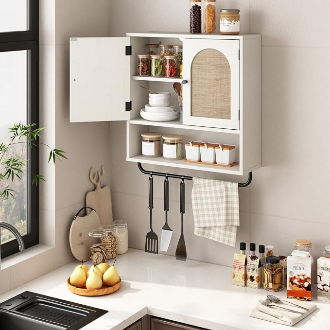 RUSTOWN Rattan Bathroom Wall Cabinet, Boho Medicine Cabinet with 2 Doors | Arched Doors, Farmhouse Over The Toilet Storage Cabinets, Adjustable Shelves, Towel Bar, 3-Tier Wall Mounted Cabinets