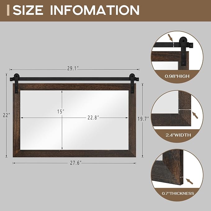 COGOOD Farmhouse Bathroom Mirrors for Over Sink - 22 x 30 Black Brown | Rustic Barn Door Wood Framed Vanity Mirror for Entryway, Living Room, Bedroom, Dresser Wall Decor