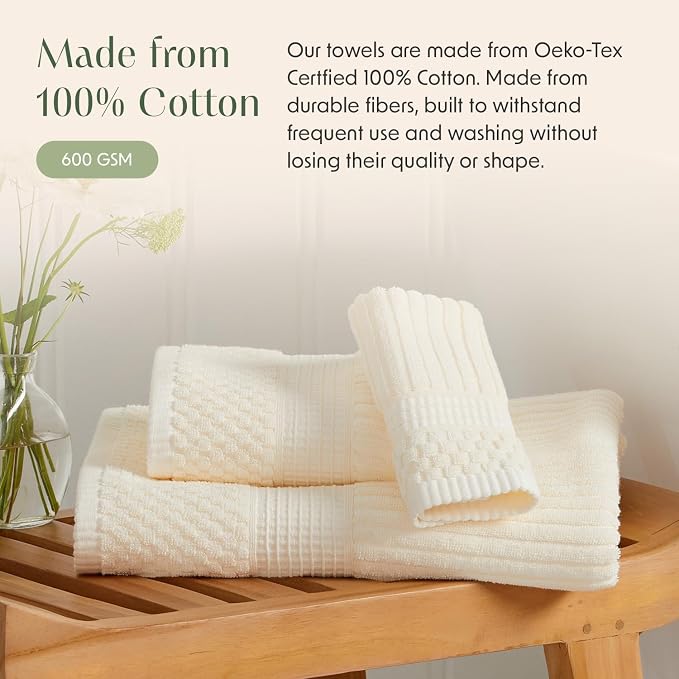 100% Cotton Bath Towel Set | 4-Pack | Textured | Cream | Absorbent & Quick-Dry Bathroom Towels | Textured and Durable Cotton Towels for Bathroom | OEKO-TEX | Krista Collection