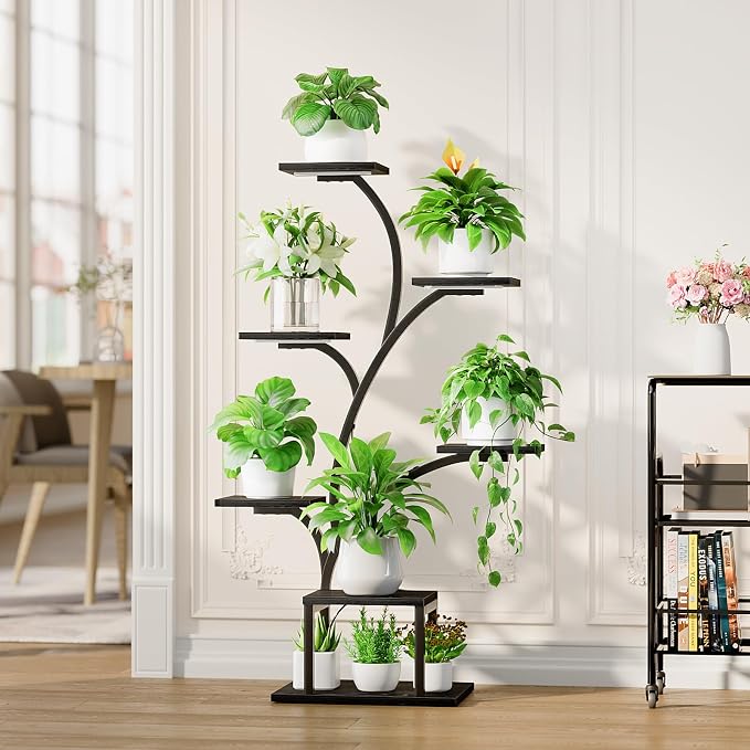 BACEKOLL Plant Stand Indoor with Grow Light, 7 Tier 49" Lighted Plant Shelf | Tree-Shaped Tall Holder with Full Spectrum Light for Indoor Growing, Sturdy Metal Rack for Home Corner, Space-Saving, Black
