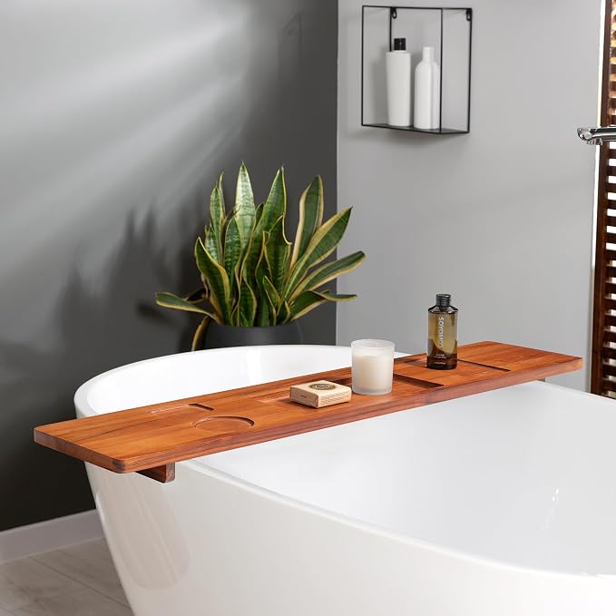 39 Inch Teak Bathtub Tray for Freestanding Tubs, Luxury Bath Caddy | Heavy-Duty Non-Slip Zero-Wobble Design, Water-Resistant Spa Organizer with Wine Glass & Phone Holder