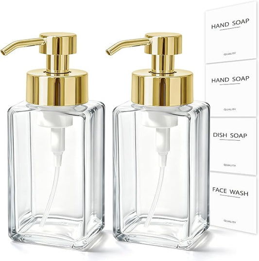Foaming Soap Dispenser, 12oz/350ml Glass Foaming Hand Soap Dispenser Set, 2Pcs Refillable Foam Soap Dispenser with Foaming Pump, Labels, Square Foam Soap Hand Dispenser for Bathroom, Gold