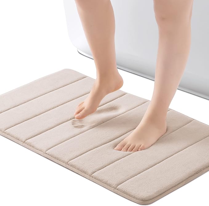 ROSMARUS Memory Foam Bath Mat, 17''x24'', Ltbrown | Water Absorbent, Ultra Soft, Non Slip, Thick Foam, Bathroom Rugs for Floor & Tub, Machine Washable Care