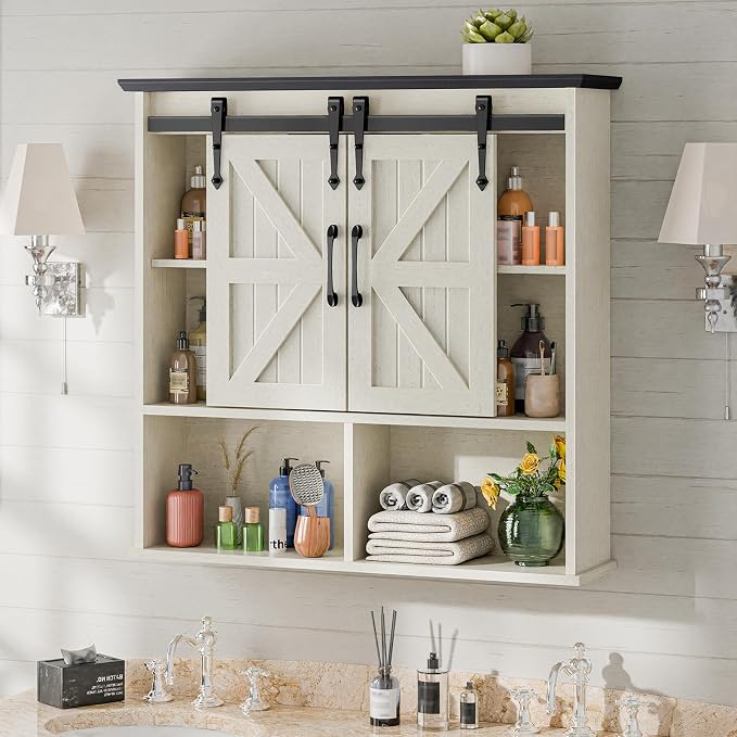 Vabches Bathroom Wall Cabinet, Farmhouse Medicine Cabinet, White and Black | Wooden Vintage Storage Cabinet Wall Mounted with Double Sliding Barn Door and Adjustable Shelf for Bathroom, Kitchen