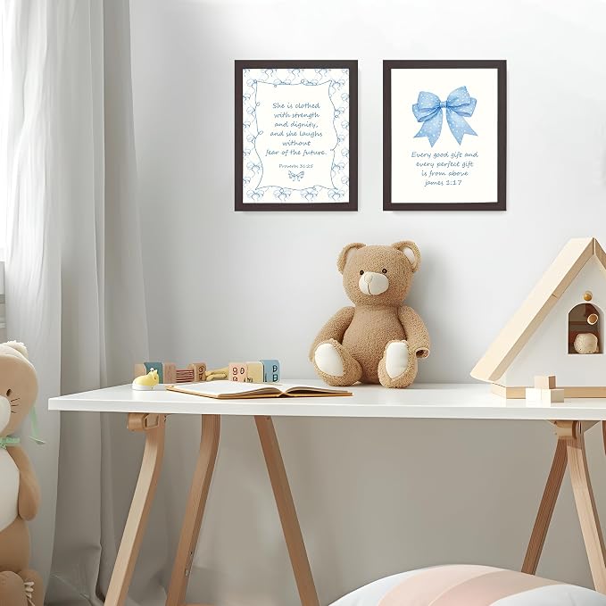 LARTSFRO Coquette Blue Bow Jesus Wall Art Decor Posters, Light Blue Bow Room Bedroom Bathroom Dorm Wall Art Decor Aesthetic for College Teen Girls Gifts, Inspirational Bible Verses Bow Wall Decor, 10x8 Inch Set of 4 Bow Pictures (DARK FRAMED)