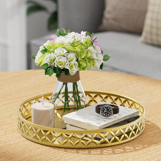 Vanity Tray for Bathroom Counter - 11 Inch Round Gold Decorative Tray | Small Metal Tray, Non-Slip Bathroom Countertop Tray, Floral Design, Bathroom Organizer for Perfume Cosmetics Jewelry Makeup