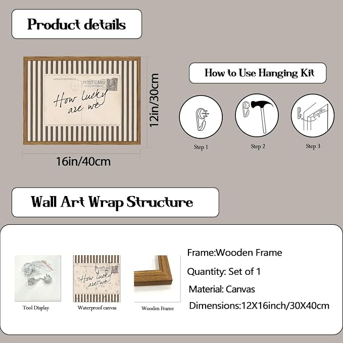 Vintage How Lucky Are We Wall Art Trendy Inspirational Quote Sign Wall Decor Picture, Preppy Postcard Striped Poster Canvas Print Picture for Living Room Bedroom 12x16 inch Wood Framed