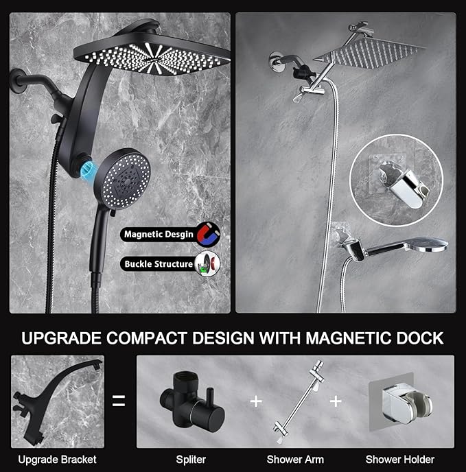 12" High Pressue Rain Shower Head with Handheld, 9 Sprays Hand Showerhead | Shower Heads with Handheld Spray Combo, Dual Head, Built-in Magnetic Docking, Power Jets, 59" Shower Hose, Black 1.8GPM