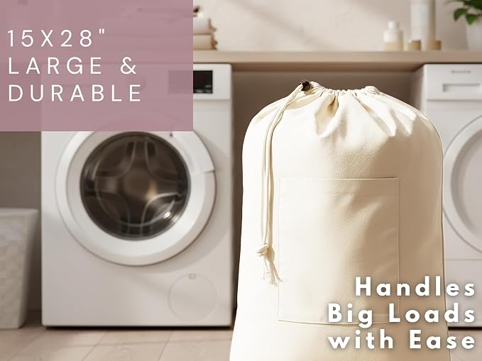 Laundry Bag Durable Clothes Drawstring Bag Machine Washable Travel Laundry Organizer for Dorm, College, Hamper - Set of 1, 15 x 28 Inch, Laundry Bag - Natural