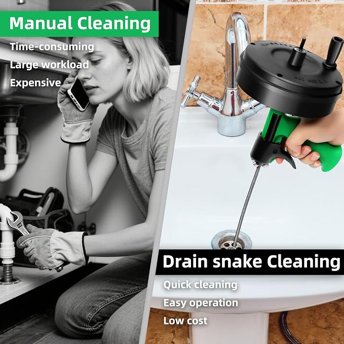 50 Ft Drain Snake, Fast Unclog Snake, 1/4 Inch, Green | Manual & Electric Plumbing Snaker for Shower Sink, Toilet and Kitchen, Drain Auger 50 ft Comes with Gloves and Bag