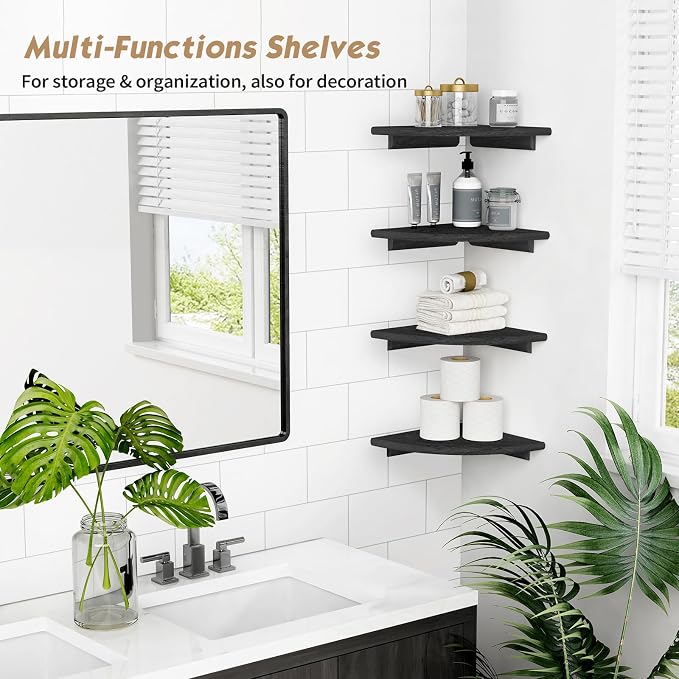 Forbena Black Corner Floating Shelves for Wall Set of 4, Small Rounded Corner Shelves Wall Mount for Bedroom Books, Mini Wood Hanging Corner Shelf for Bathroom Decor, Living Room, Small Spaces