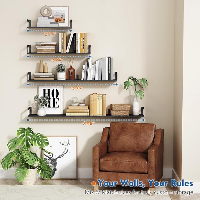 Harwaya Wall Mounted Bookshelf, Floating Bookshelves for Bedroom, 17 Inches Long Wall Mount Book Shelves for Living Room Office Books, Black Wall Book Holder Bookcase (Set of 3)