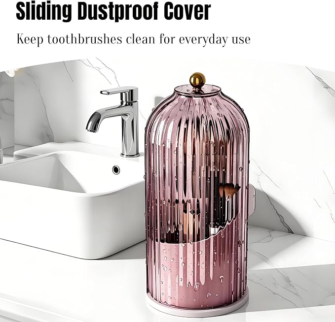 JEESA Dustproof Toothbrush Holder with Cover, Pink | 360° Rotating, 180° Sliding Lid, 3 Slots, Toothbrush Organizer, for Bathroom Countertop