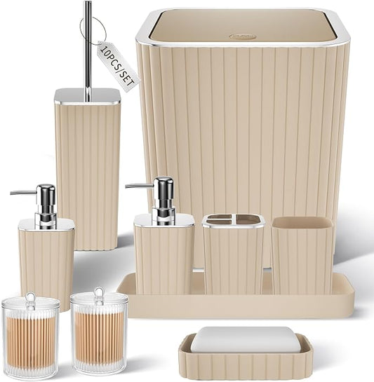 XLHOMO Bathroom Accessories Set - Gorgeous Beige Bathroom Set, 10PC Bathroom Accessory Set, Toilet Brush, Trash Can & Soap Dispenser