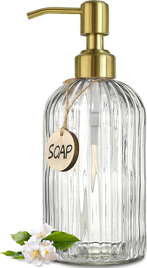 JASAI 18Oz Glass Soap Dispenser with Golden Pump for Kitchen,Refillable Liquid Hand soap Dispenser with Vertical Stripe, Clear Soap Dispenser Bathroom for Hand soap, Dish Soap, Lotion | Refillable Hand Soap Dispenser with Vertical Stripe, Gold Soap Dis...