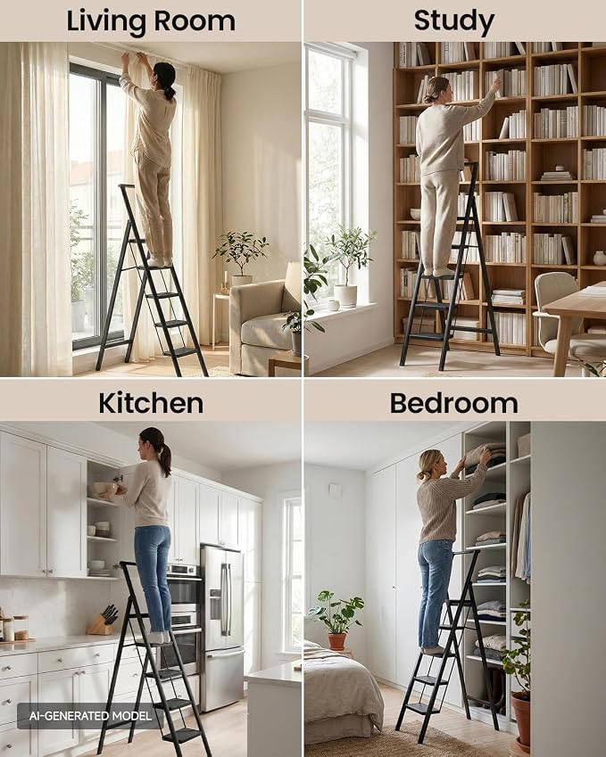 5 Step Ladder, Folding Step Stool, Lightweight Stepladder, Black | Reach 10ft;Anti-Slip 7.9'' Wide Pedal;Portable Handrail;Space-Saving;For Kitchen, Home, Library, Office Use;300lbs Capacity