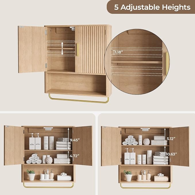 Bathroom Wall Cabinet, Medicine Cabinet with Fluted Door & Adjustable Shelf | Over The Toilet Storage Cabinet with Towel Bar, Space-Saving Cabinet Wall Mount for Laundry Room, Kitchen, Living Room