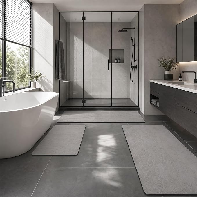 MontVoo -Bath Mat Rug-Rubber Backing Non Slip Quick Dry Absorbent Thin Bathroom Rugs Fit Under Door-Faux Suede Surface Bathroom Floor Mats-Shower Rug for in Front of Bathtub Shower Gray 24"X70"