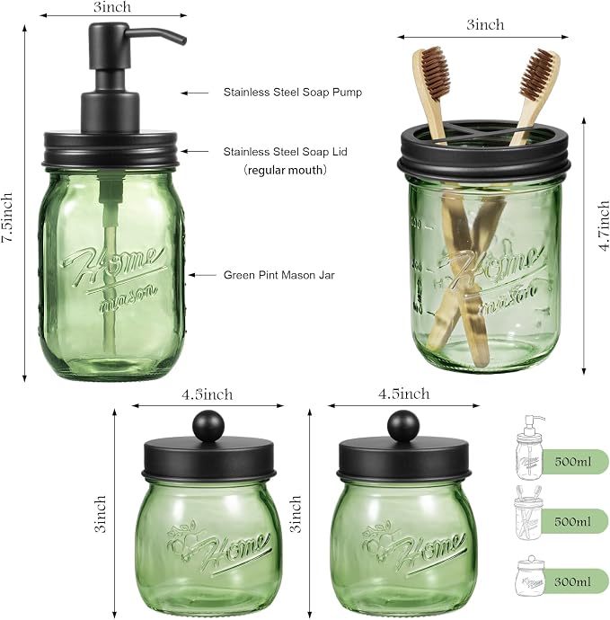Amolliar 4PCS Bathroom Accessories Set, Green Glass Organizer Sets, Black | Lotion Soap Dispenser, Toothbrush Holder, 2 Qtip Holders, Rustic Farmhouse Decor for Countertop, Vanity, Bathroom Essentials
