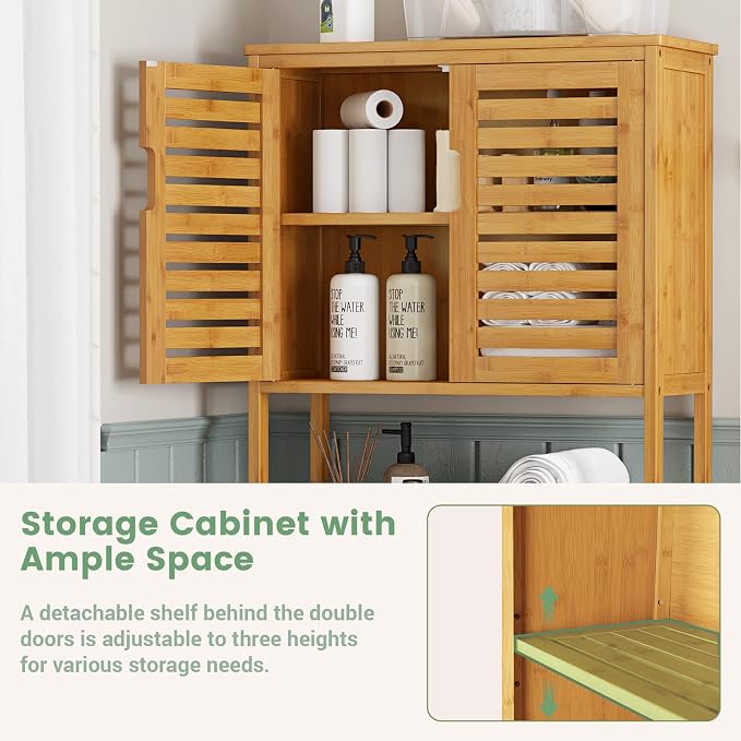 Over The Toilet Storage Cabinet, Tall Bathroom Cabinet Organizer with Cupboard and Adjustable Shelves, Freestanding Toilet Shelf Space Saver Rack Stand for Laundry Room, Balcony, Bamboo