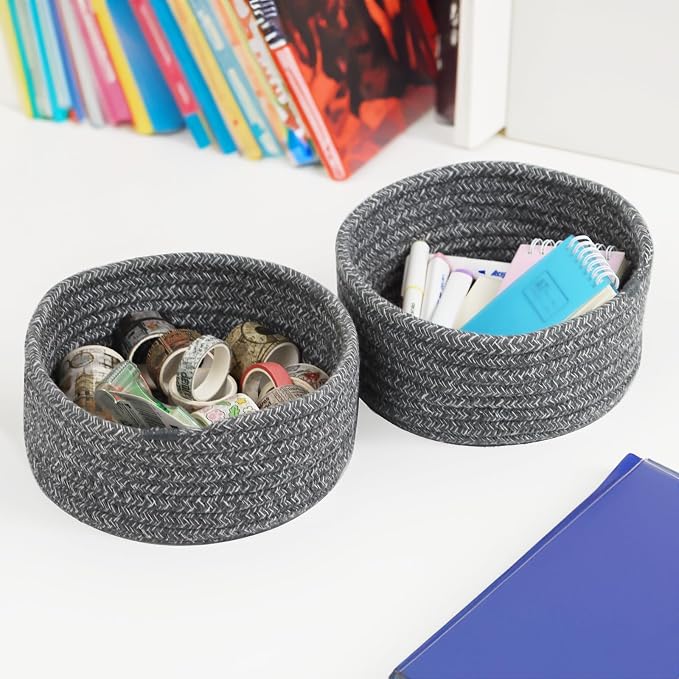 Small Woven Cotton Rope Baskets, Set of 3, Grey | Mini Round Baskets, Gift and Storage Baskets, Nursery Organizer, Bathroom Countertop Bins, Decorative Boho Decor
