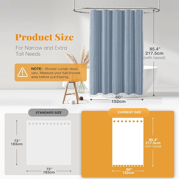 60 x 84 Boho Farmhouse Linen Heavy Duty Cloth Shower Curtain Set, Blue | Narrow Long Size, 330GSM Linen Blend, Water Repellent, Vintage Striped Fabric, 10 Hooks, Rustic Country, Machine Washable