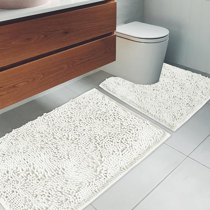 Bathroom Rugs Chenille Bath mat 2 Piece Set, Super Absorbent, Strong PVC Non Slip Backing, Bath mats for Bathroom, Plush Shaggy, Thick, Machine Washable, Bathtub, Shower, Toilet.(White)