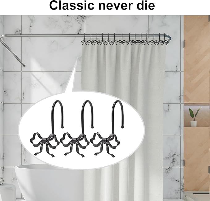Bow Shower Curtain Hooks, 12-Pack Black Metal Decorative Bow Knot Rings | Rust-resistant metal rings with black bow knot accents add decorative charm to bathrooms, guest baths