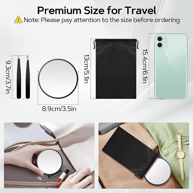 MIYADIVA Magnifying Mirror Set, 20x&30x&40x Suction Cup Makeup Mirror, 2 Tweezers & Storage Bag, 3.5 Inch Compact Mirror for Travel, Bathroom, Home, Gifts for Women