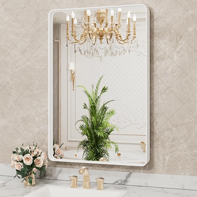 LOAAO White Metal Framed Bathroom Mirror, 20x30 Inch | Rounded Rectangle, Anti-Rust, Hangs Horizontally or Vertically