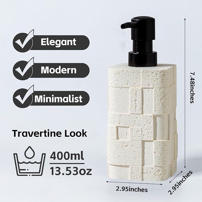 Soap Dispensers,2 PCS,13.53 OZ,Luxurious Faux Travertine,Cream | Modern,Hand Dish Lotion Shampoo and Conditioner Dispenser,Empty Bottle,No Leak Rustproof Pump for Bathroom Countertop Kitchen