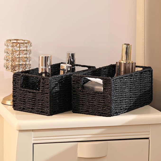 Wicker Storage Basket, Set of 2 Black Wicker Baskets for Bathroom | Hand-Woven Wicker Small Storage Baskets for Organizing Toilet Paper, Foldable Large Cube Storage Organizer Bin for Shelves