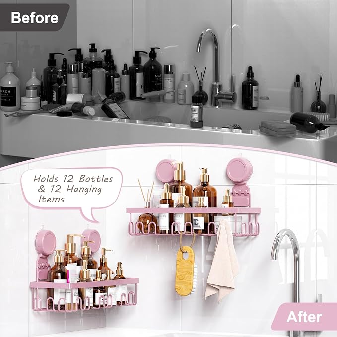 JOTPE Pink Suction Cup Shower Caddy, 2 Pack Bathroom Organizer with Hooks | No-Drill Shower Organizer with Strong Suction Cups, Rust-Resistant Metal Shelves Store Shampoo, Soap and Bath Essentials