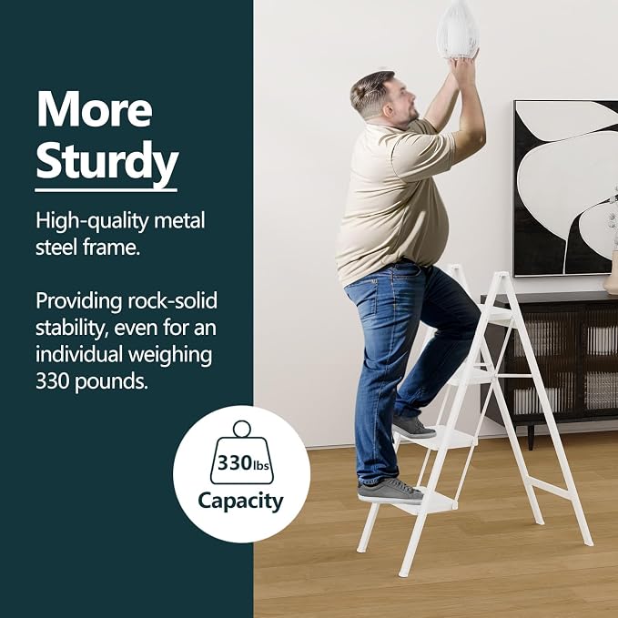4 Step Foldable Step Stool, 330lbs Load, White | Folded 46'' H x 2'' T; Net 12.5 lbs; Anti-Slip Feet Grip Wood, Tile, Carpet; Wide Pedals; For Shelves, Repairs.