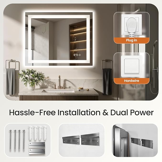 48x30 LED Bathroom Mirror with Lights, Dual Lit, Anti-Fog, Memory | Dimmable 3 Color CRI 90+ for True-to-life Color Accuracy Tempered Glass Horizontal/Vertical Wall Mount for Bathroom Vanity