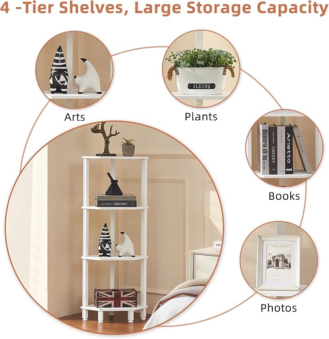 YUFAM 4-Tier Corner Shelf, Grey White | Wooden Corner Bookshelf for Small Spaces, Corner Standing Shelf with Sturdy 5-Leg Base