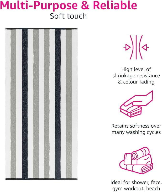 CASA COPENHAGEN Monaco Beach Towels Designed in Denmark Rough and Tough, Quick Dry, for Pool, Bath & Shower 30x60 inches 4 Pieces Cotton Beach Bath Towels Set - Charcoal Grey