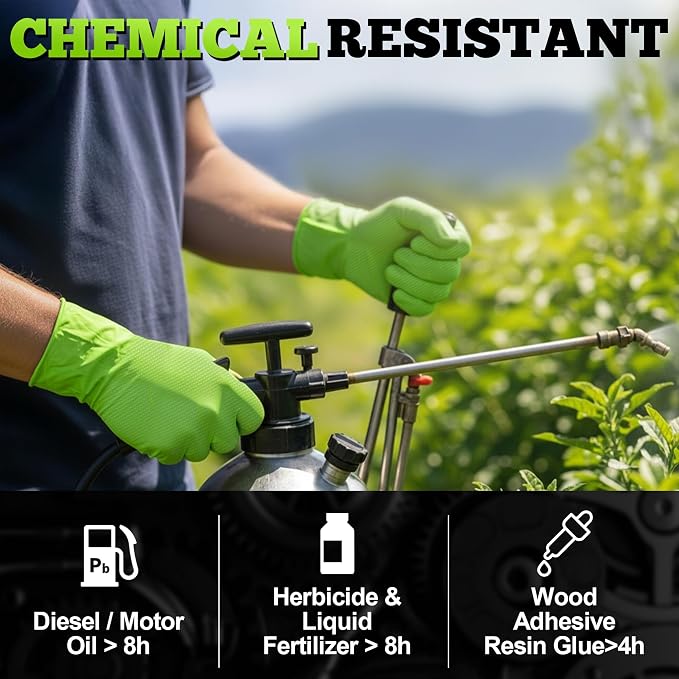 Heavy Duty Industrial Nitrile Gloves with Raised Diamond Texture, 8-mil, Latex Free (Green/Dark Green/Yellow)