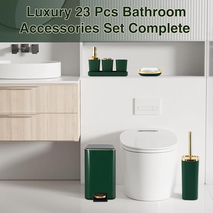 Bathroom Sets with Shower Curtain and Rugs Bathroom Accessories Set Dark Green Bathroom Set,Soap Dispenser & Toilet Brush Holder Set with Stainless Steel Trash Can(23 PCS)