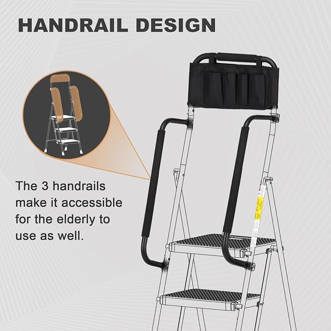 HBTower Step Ladder with Handrails, 3 Step Ladder with Attachable Tool Bag | Anti-Slip Wide Pedal for Home Kitchen Pantry Office, Black